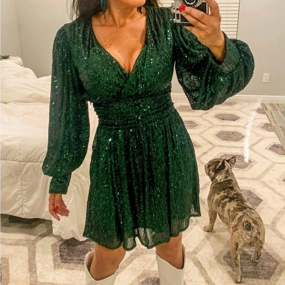 Nasty Gal Green Sequin Long Sleeve Dress